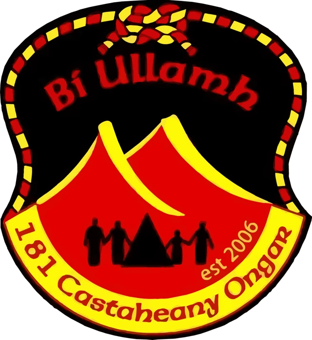 181st Castaheany Ongar Scouts badge: a red tent with a family silhouette, with the words Bí Ullamh and est 2006