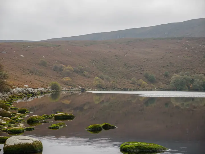A calm lake with mossy rocks in the foreground and a brown mountain slope behind.