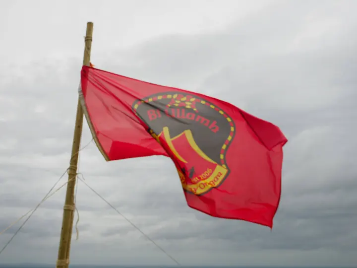 A red scout group flag flying from a bamboo pole against a grey sky.