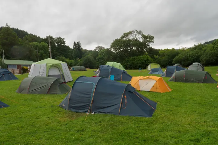 Rows of tents pitched on a grassy campsite under a grey sky.